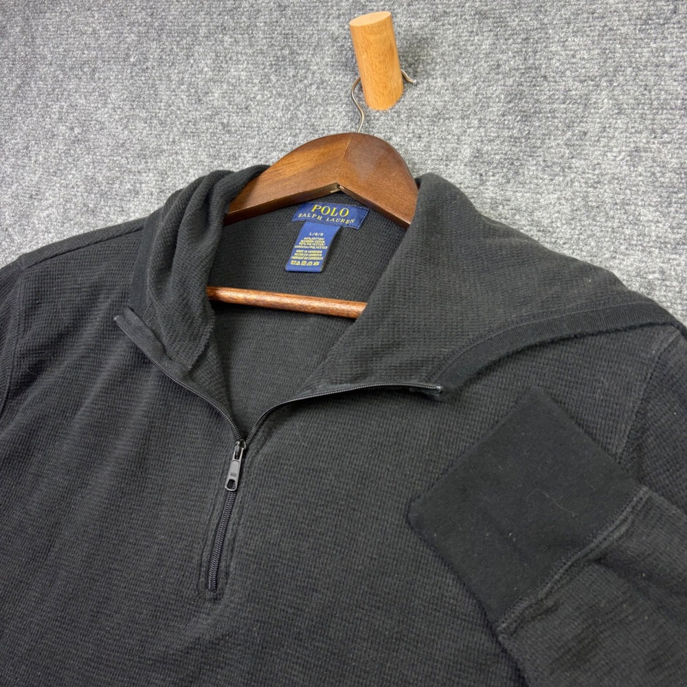 Polo Ralph Lauren Waffle Knit Hoodie Mens Large Black 1/4 Zip Thermal Pullover